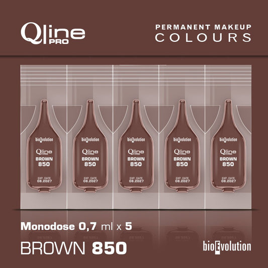 5 Pack MONODOSE QLINE Pro Permanent MakeUp Colour Brown 850, each bottle x 0,7 ml